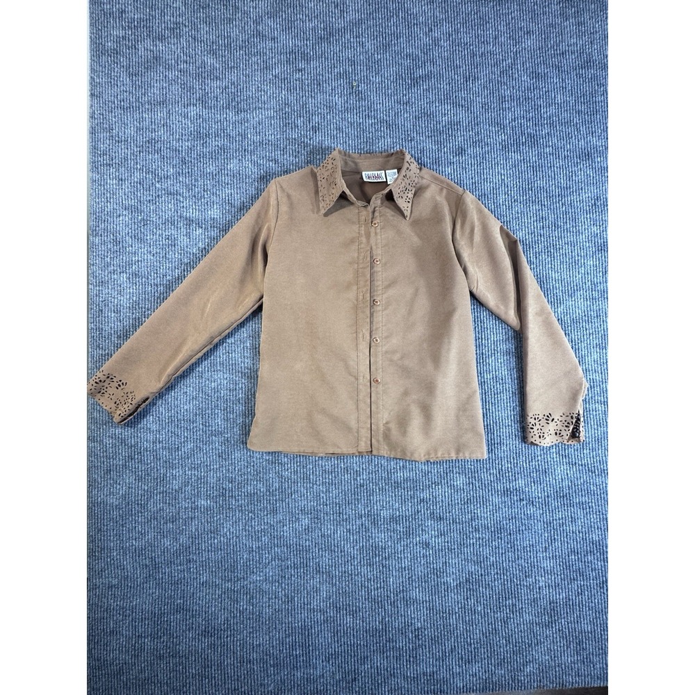 Bill Blass Jeans Women's Brown Suede Laser Cut‎ Collared Button-Down Blouse M